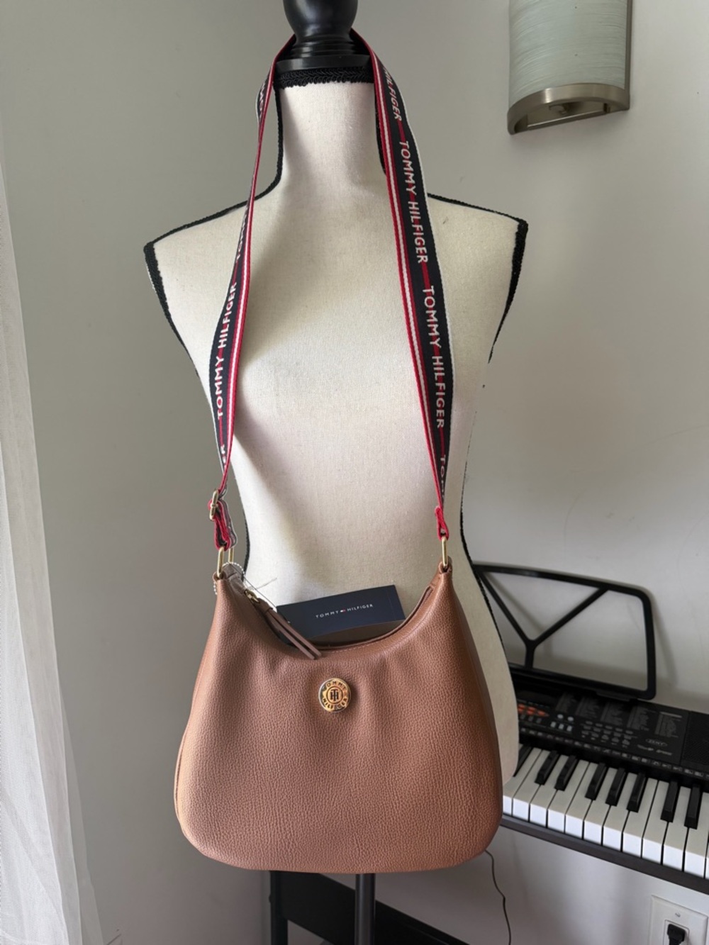 Tommy Hilfiger Cognac Leather Hobo Bag with Branded Webbing Strap